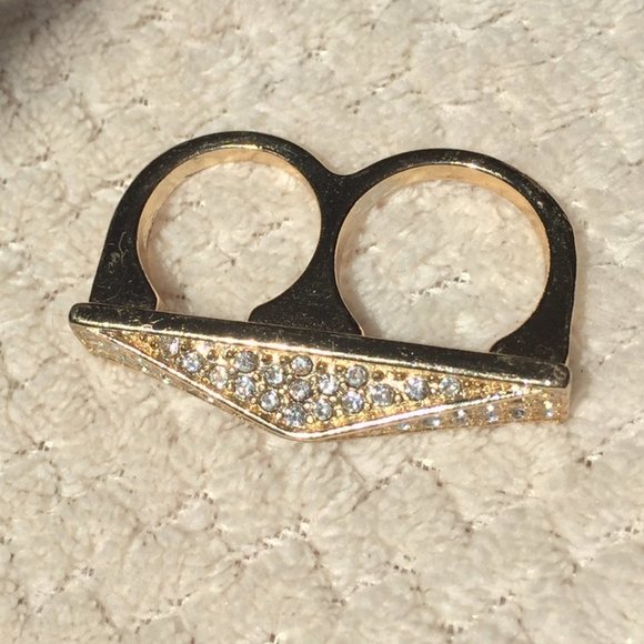 Two Fingers Gold Color Ring with clear stones - Picture 4 of 4